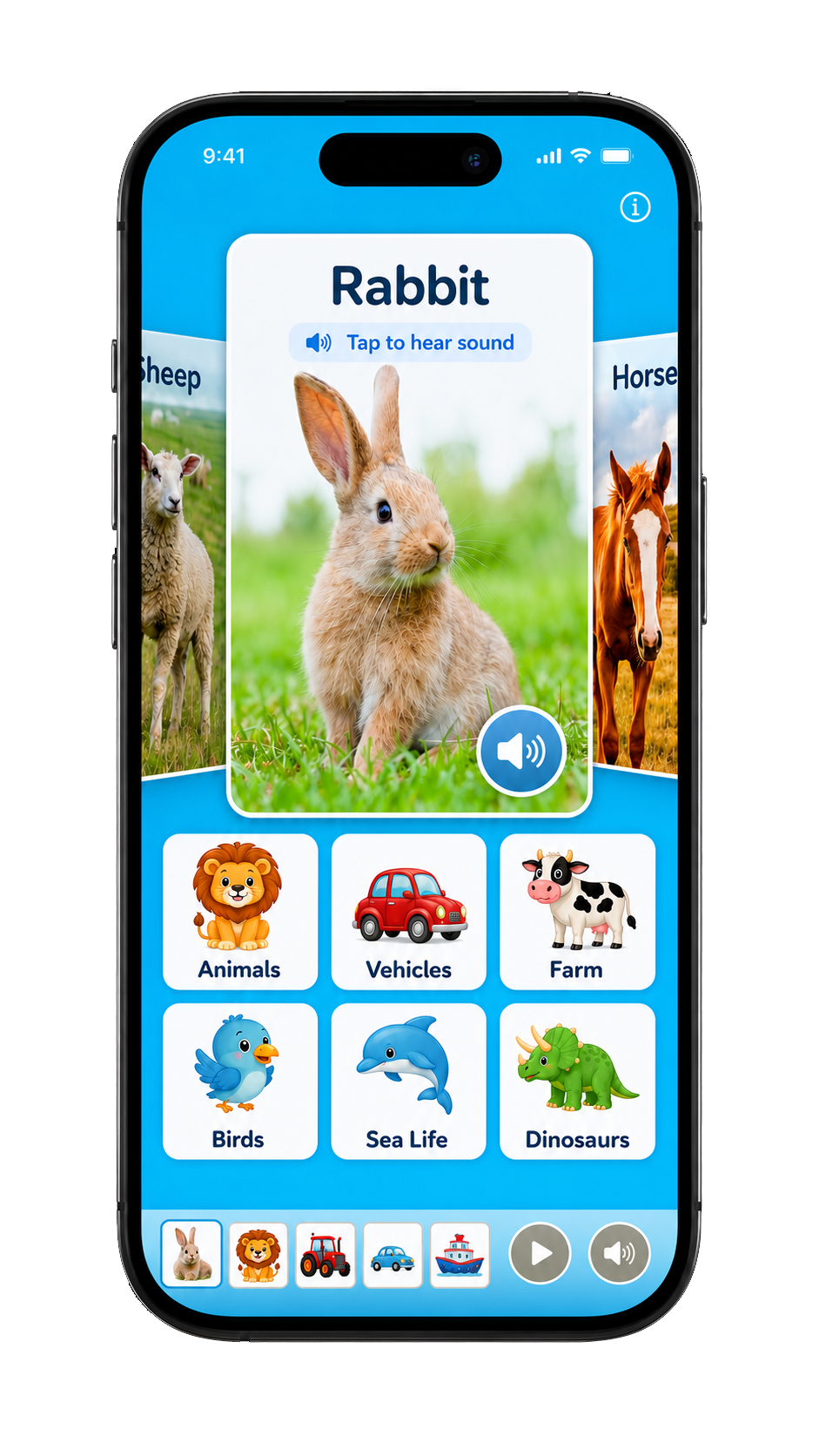 Games for kids, Flash cards app interface on iPhone