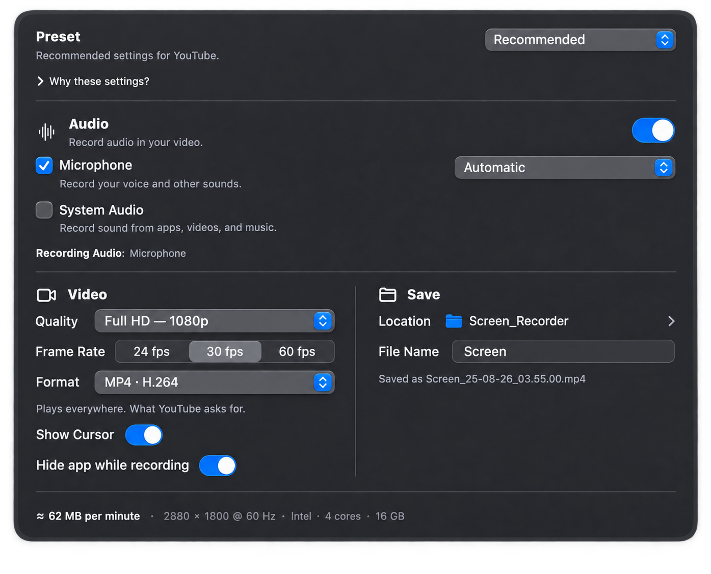 Screen Recorder for Mac control panel showing presets, audio, video and save settings